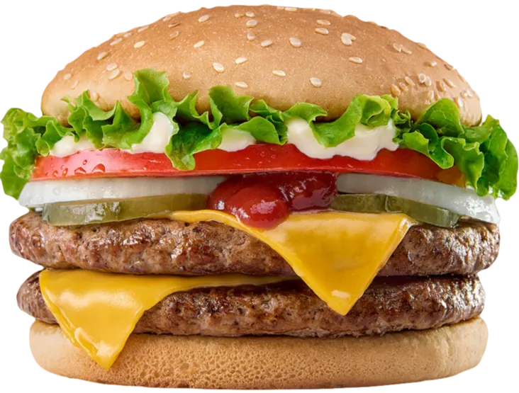 A double cheeseburger with pickles, ketchup, lettuce and tomato