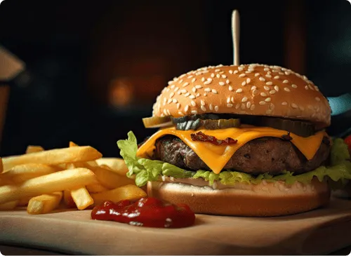 A cheeseburger with lettuce and a sesame seed bun, served with fries and ketchup