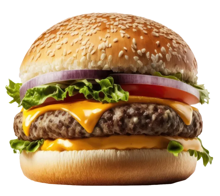 A classic cheeseburger with lettuce, tomato and red onion on a sesame seed bun