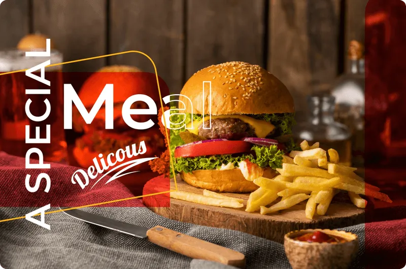 A burger and fries on a wooden board beside a knife, with the words A Special Meal, Delicious written across the photo