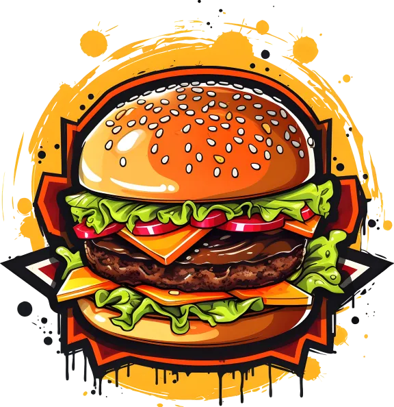 An illustration of a stacked cheeseburger on a splash of orange paint